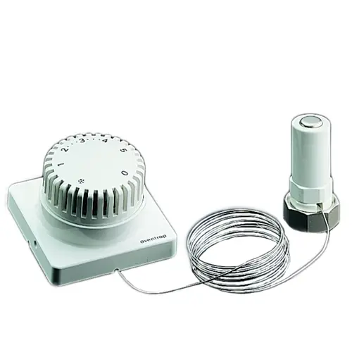 Oventrop Thermostat mit Drehregler für Temperaturregelung, verbunden durch ein Kabel mit einem Sensor. Das Gerät hat eine weiße Oberfläche und ist für die Wandmontage geeignet.